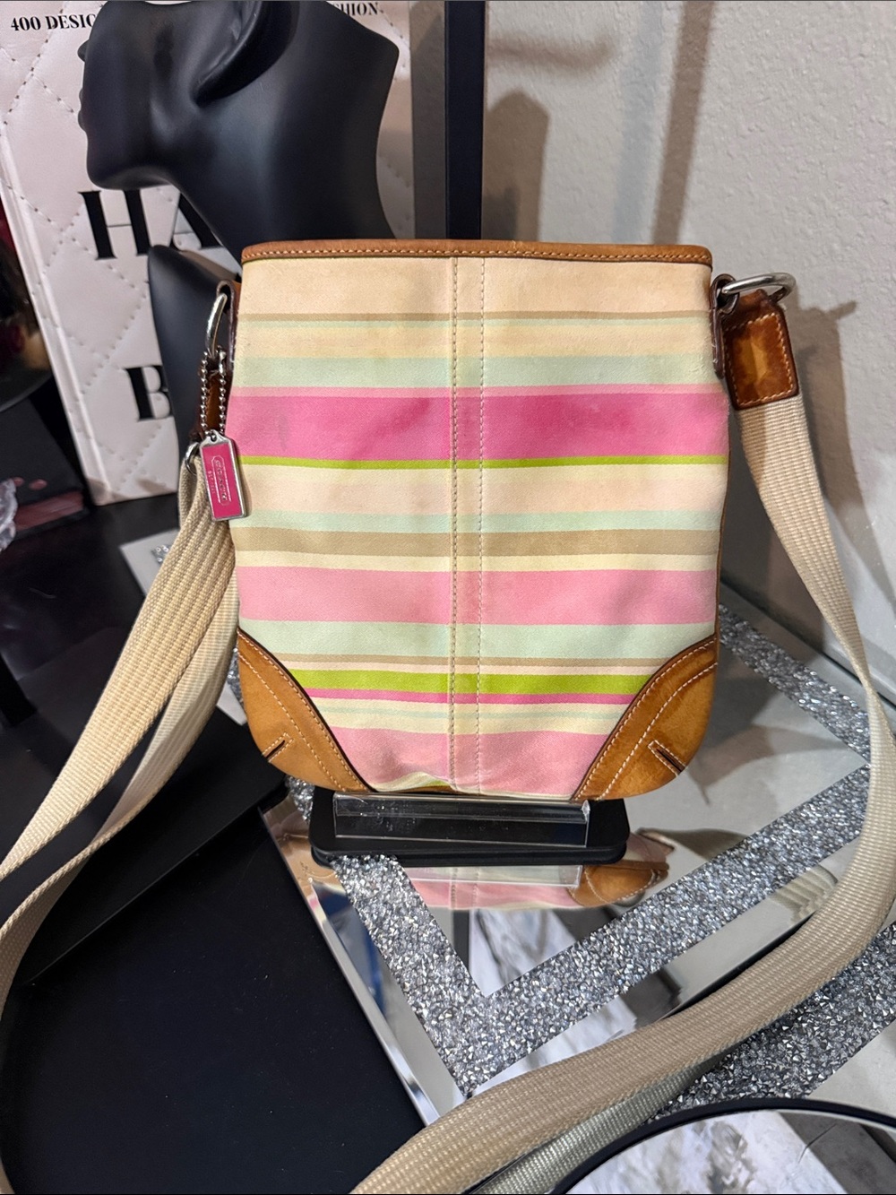 Coach Striped Canvas Crossbody in Pink, Cream and Lime